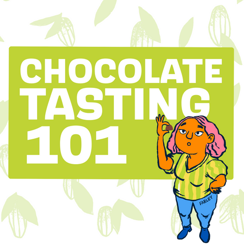 Cartoon character with pink hair and a green shirt next to a 'Chocolate Tasting 101' sign on a white background with chocolate bean patterns.