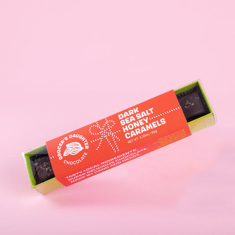 6 pc Smoked Sea Salt Honey Caramels, Dark or Milk